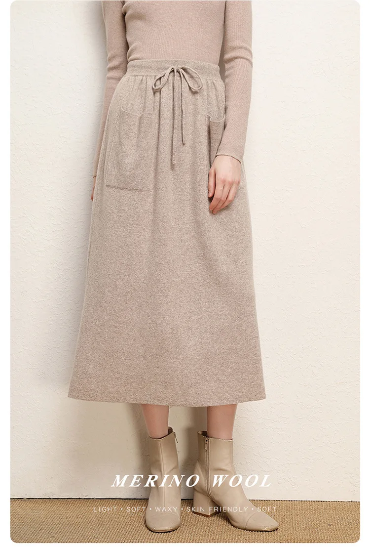 Autumn Winter Cashmere Skirt Knitted Wool Double Pocket Lace-up A-line Skirt Casual Outdoor Style Women's Dress Good quality