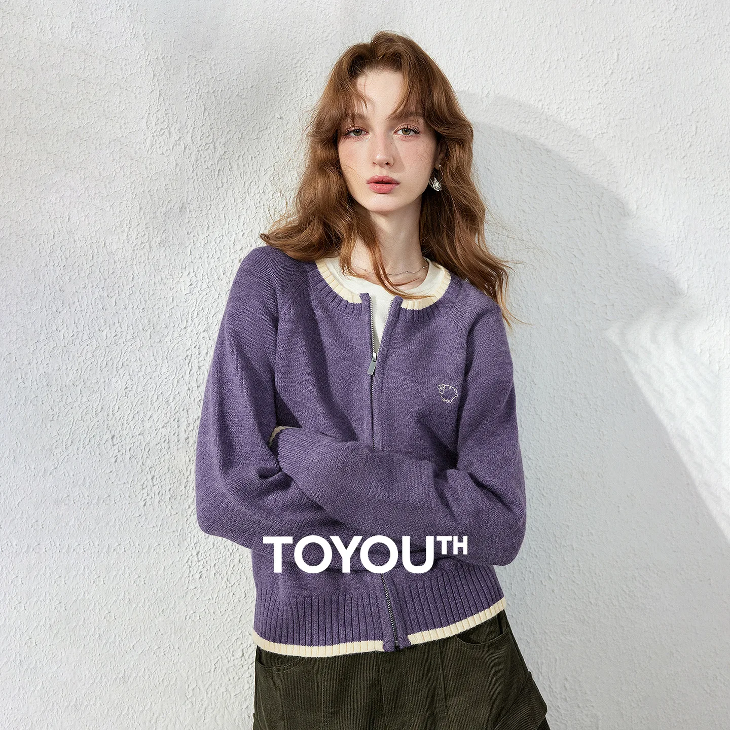 TOYOUTH Women Cardigan 2026 Autumn New Yarn‑dyed Slub Knit Color Block Ribbed Zip Up Lilac Purple Sweater Outerwear