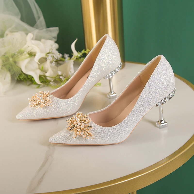 Spring Casual Wedding Bride Rhinestone Gold Fashion High Heels Metal Buckle Sexy Work Shoes 7cm Large Size Female Shoe High Heel