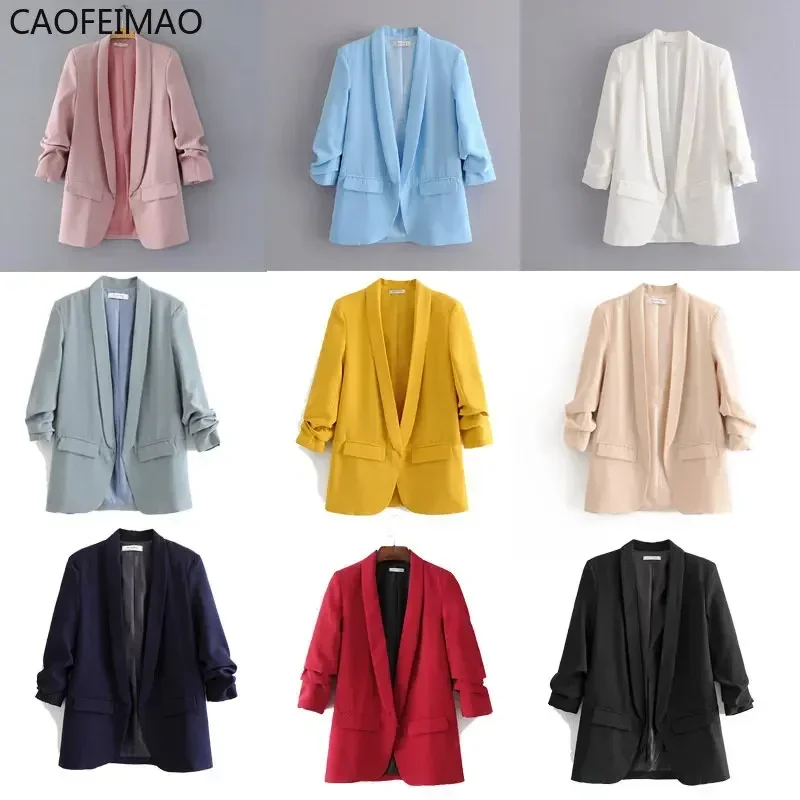 

Caofeimao 2023 Summer Autumn Elegant Women Workwear Pink Blazer Three Quarter Sleeve Regular Fit Minimalist Office Lady Blazer