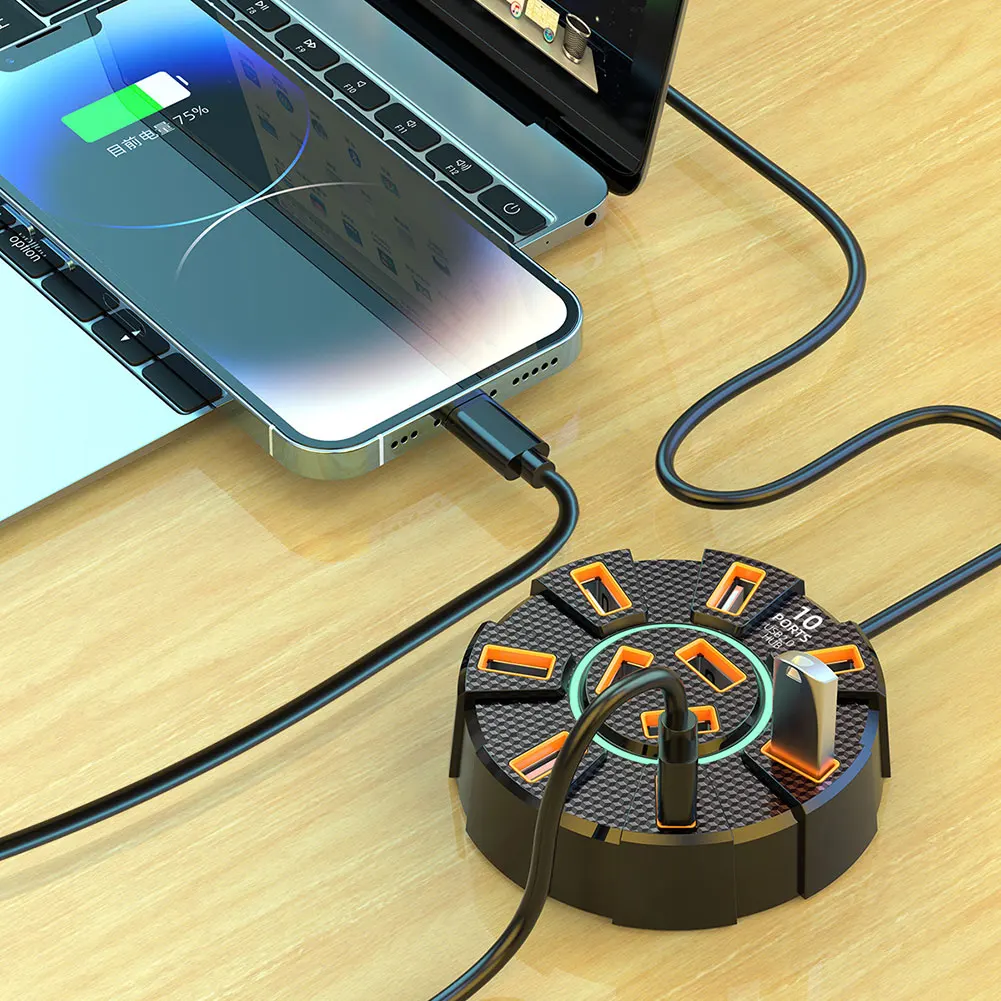 

New Seven-Color Ambient Light A Ten-Port 2.0 Hub And Expansion Dock,For Multiple Devices,High-Speed Data Transfer,Hub Dock