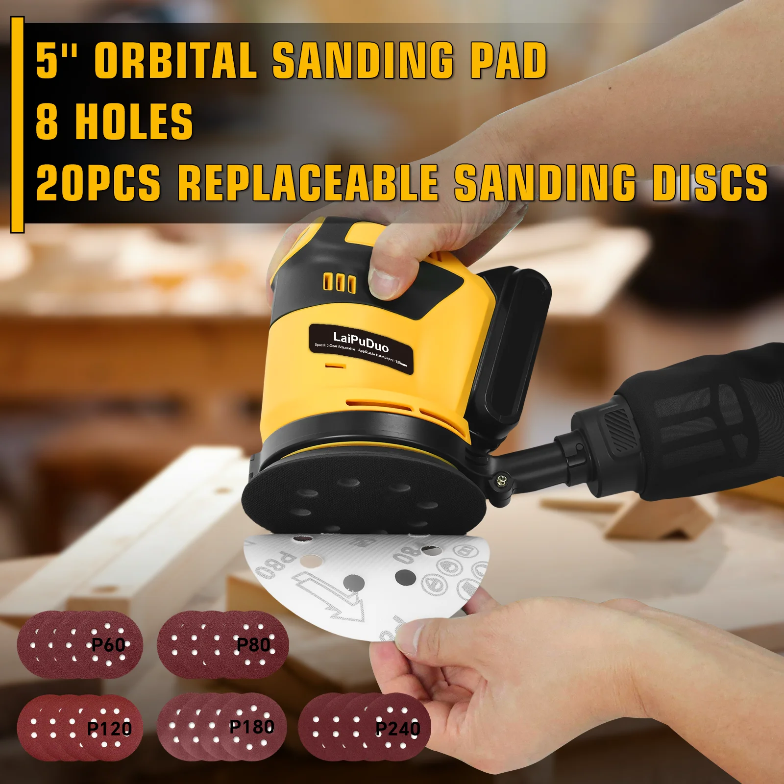 

125mm Cordless Sander Random Orbital Electric Polishing Sanding Machine Wood Grinder Power Tool For Dewalt 20V Battery Pin