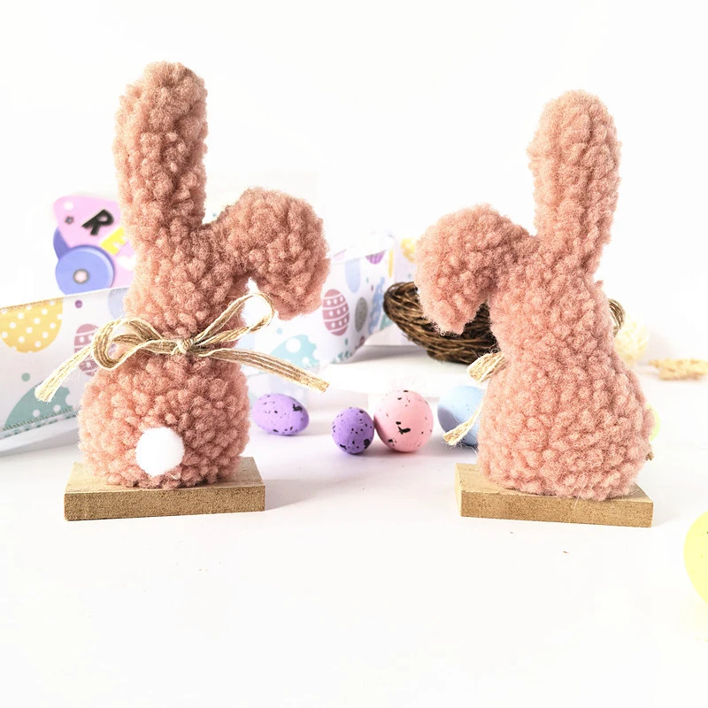 Easter decoration wooden plush rabbit ornament for tabletop and garden, holiday decoration