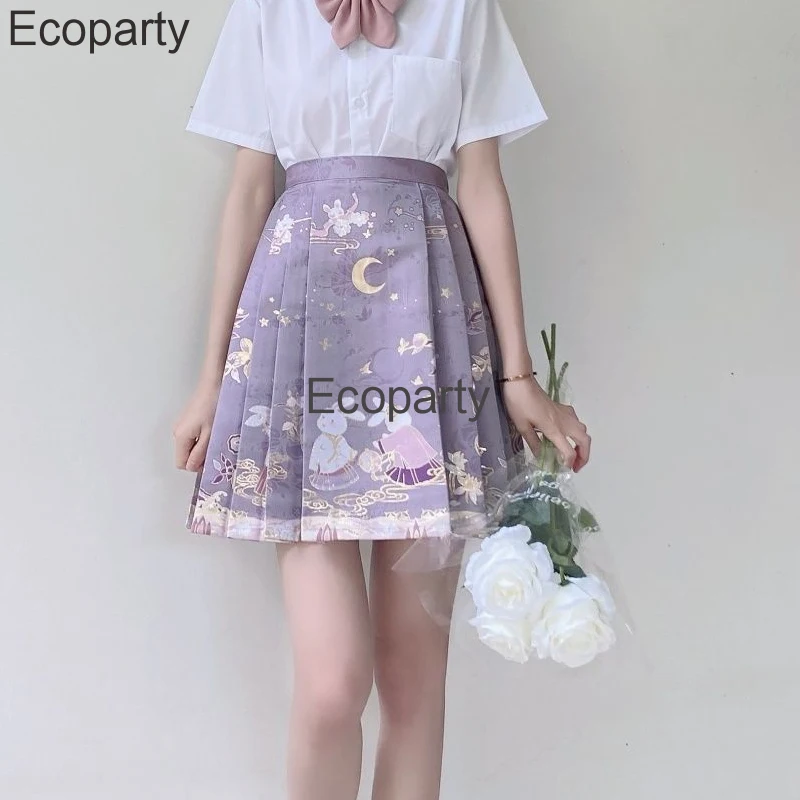 New Chinese Hanfu Costume Women Deluxe Printed Improved High Waist A-Line Jk Skirt Girls Lovely Chinese Style Pleated Mini Skirt