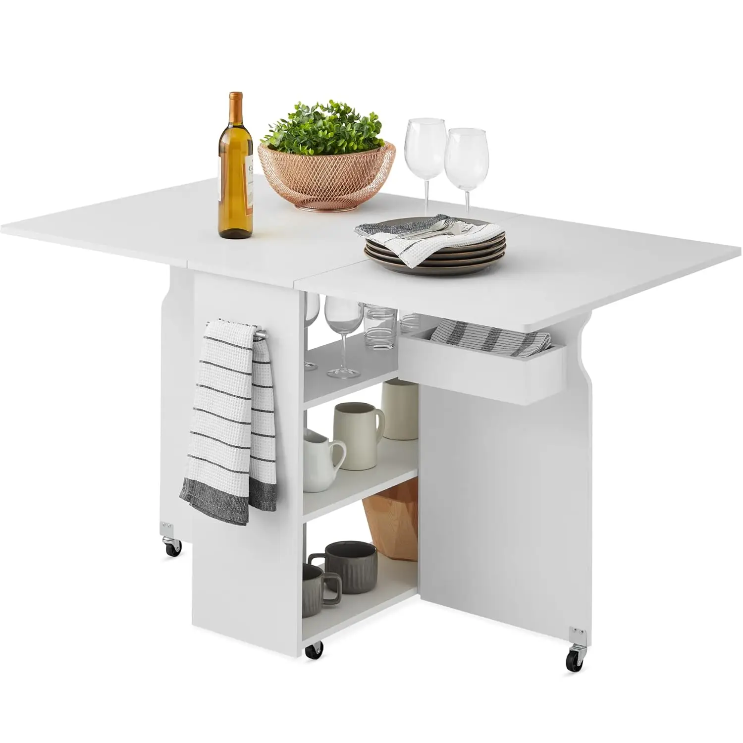 

Folding Dining Table, Multipurpose Space Saving Collapsible Drop Leaf Extension Desk w/Wheels, 3 Storage Shelves -, Customized