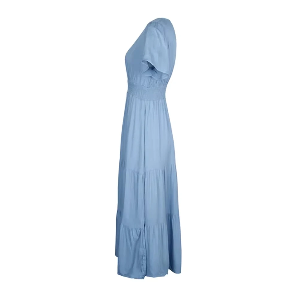

V Neck Solid Short Sleeved Minimalist Summer Dresses For Teens Women Plus Size Button Slim Tiered Ruffle Layer Dresses