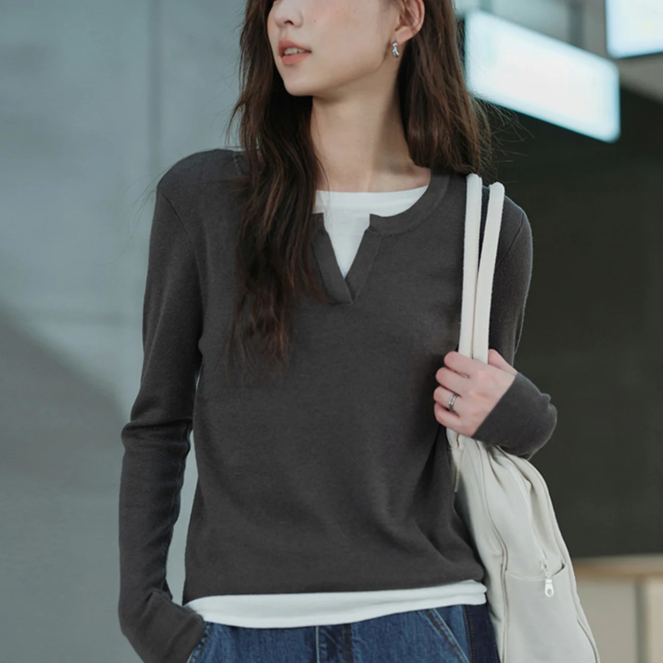 Women Fake Two Piece T Shirt Long Sleeve 2026 Autumn Winter Slim Casual Layering Top Female Tee