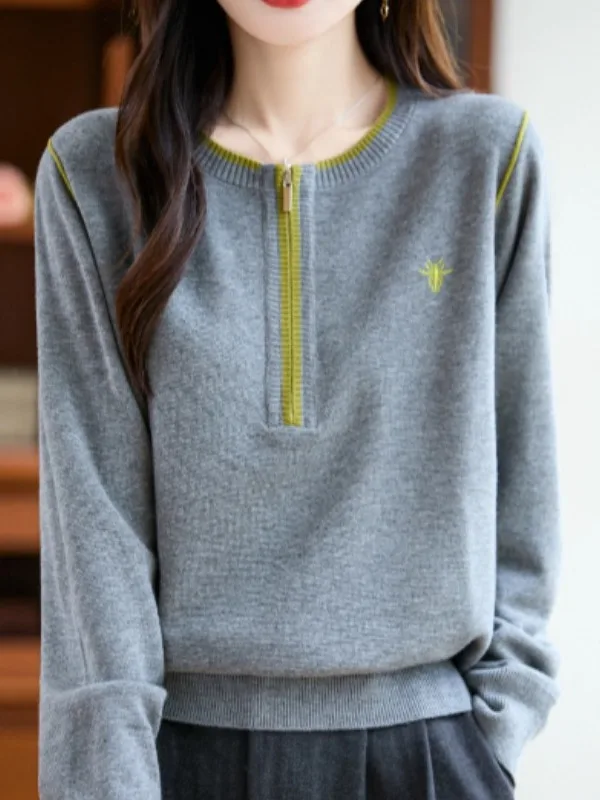Hochwertiger europäischer SLE-Strickpullover mit Reißverschluss und Stickerei Long Sve Damenoberbekleidung Faionable Commuting SLE