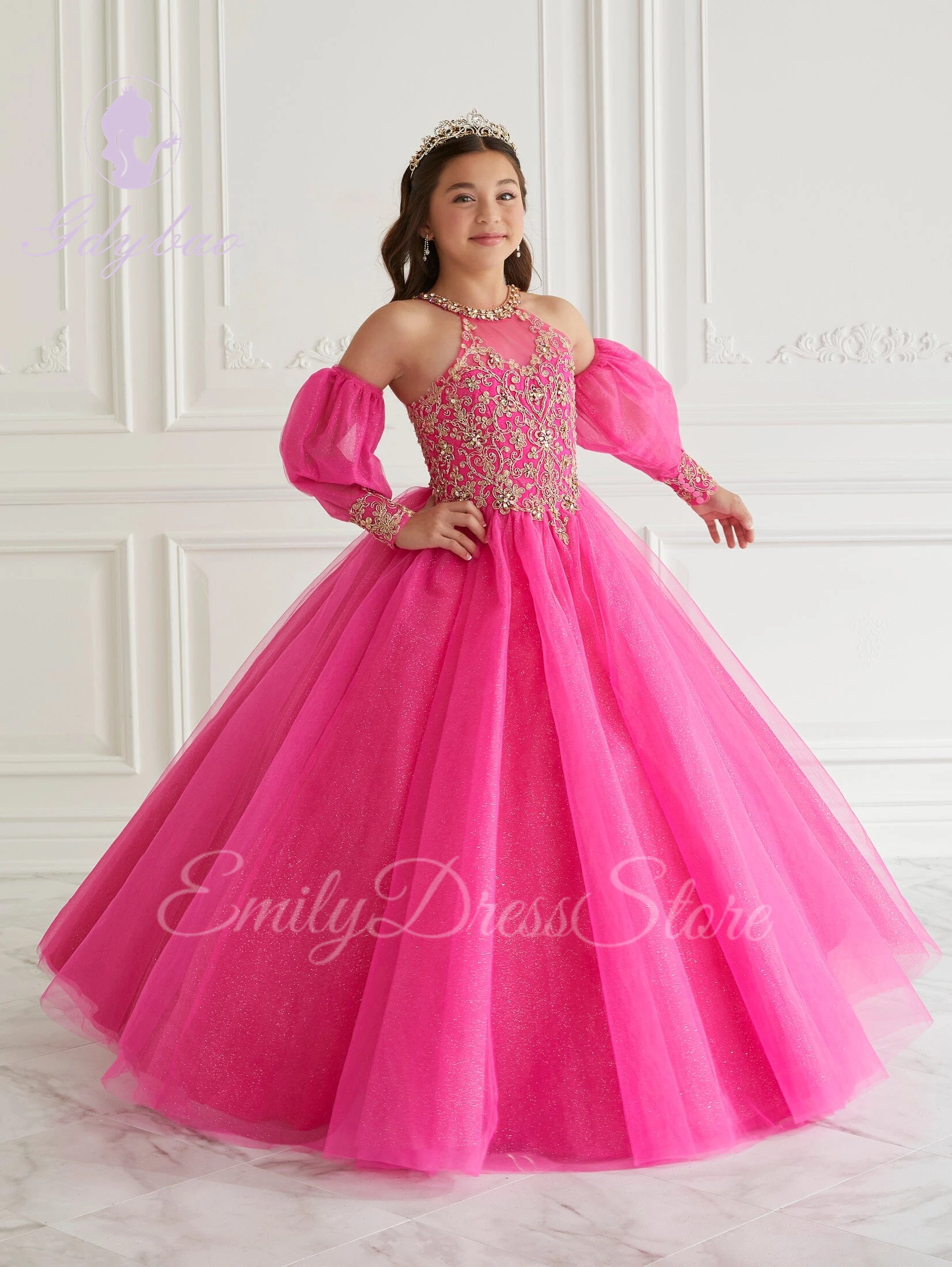 Hot Pink Flower Girl Dress For Wedding Puffy Beaded Shining Tulle Kids Birthday Christmas First Communion Party Ball Gowns