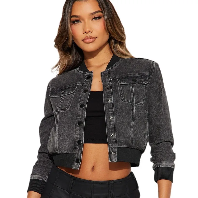 ผู้หญิงเสื้อแขนยาว DENIM แจ็คเก็ตเดี่ยว Breasted Coat เสื้อสเวตเตอร์ถักเปิดลงปก VINTAGE Spliced กระเป๋า 2025 Slim