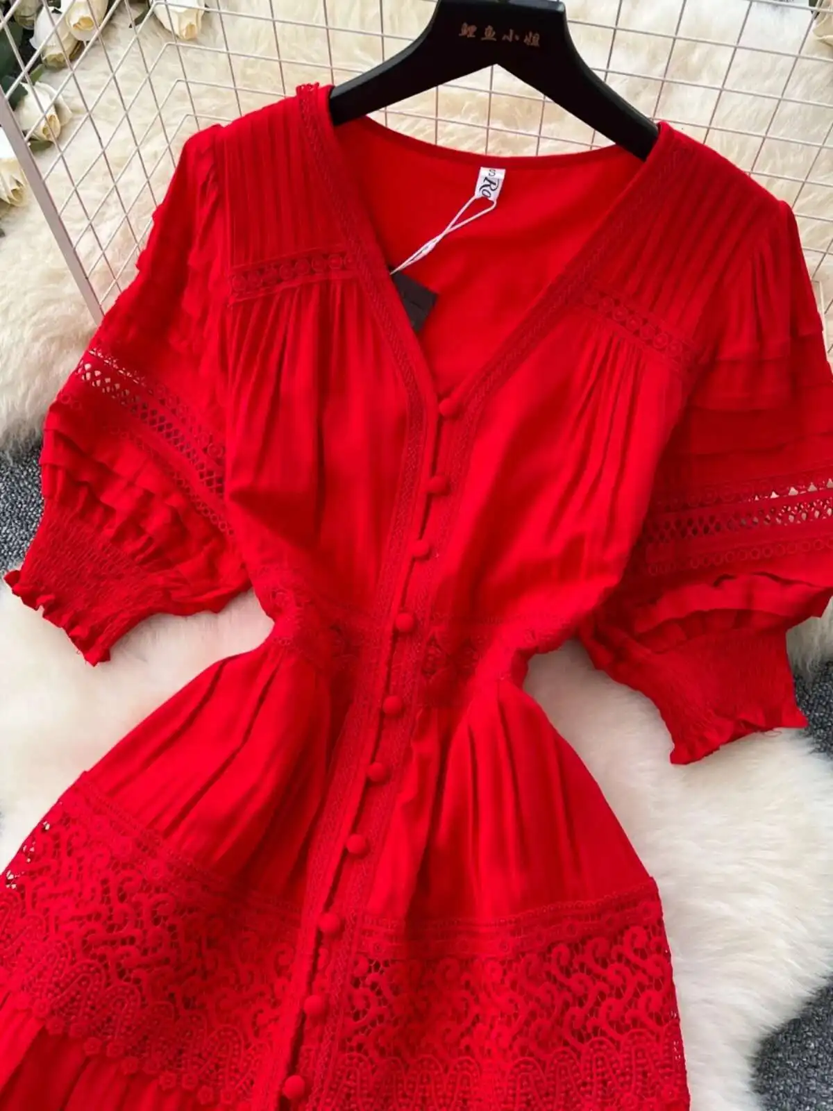 Eleganckie długie sukienki damskie Summer Holiday V Neck Bubble Sleeve Embroidery Hollow Out Buttons Cotton Linen Midi Party Vestidos