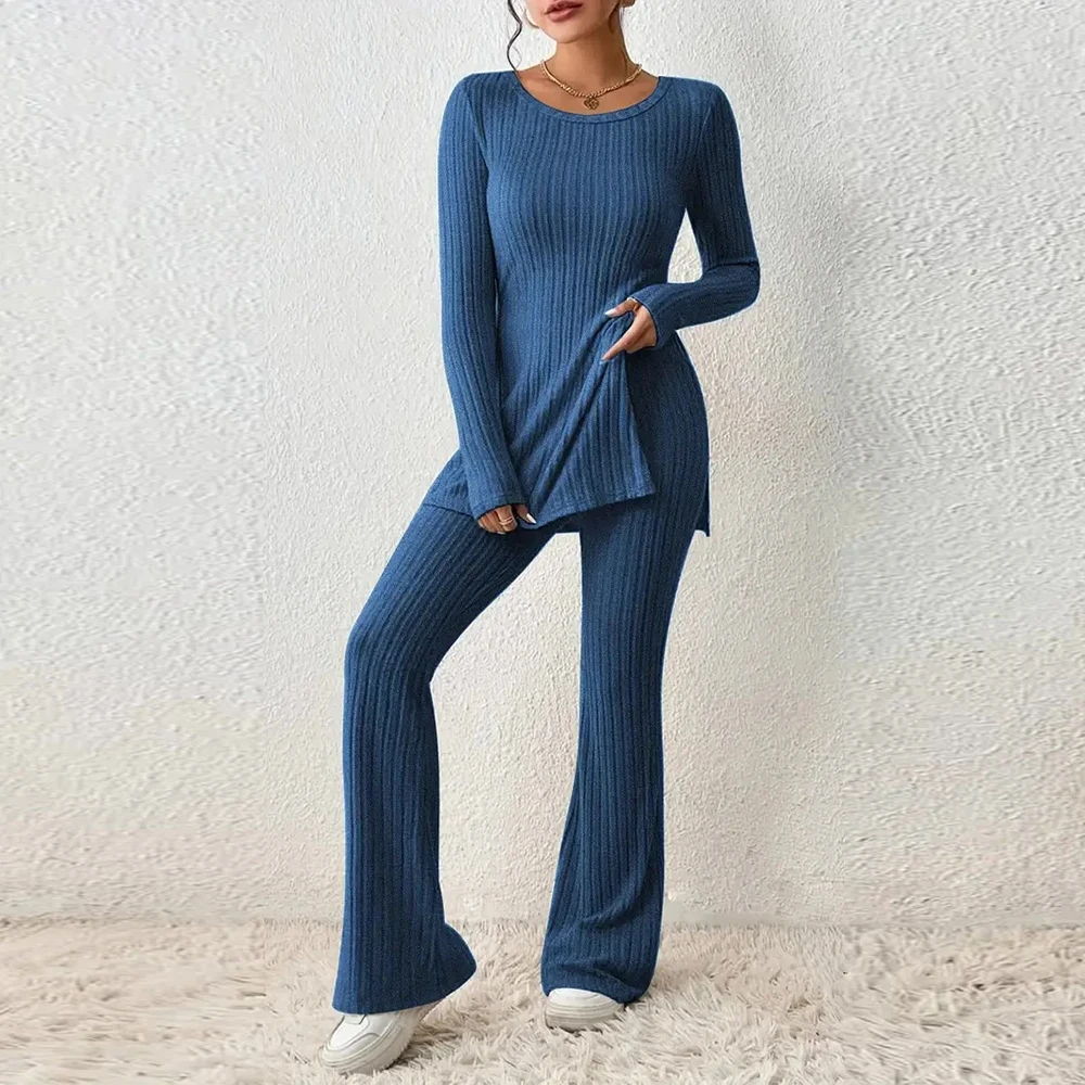 Autumn Winter Women Knit Two Piece Sets Solid Color Sexy Slit Casual Slim Suit Long Sleeve O-neck Tops+Pants Fashion Streetwear