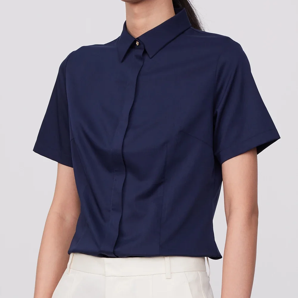 Damska koszula biurowa z krótkim rękawem, bez kieszeni, nie wymagająca prasowania, codzienna, dopasowana, elegancka, elastyczna bluzka i koszula.