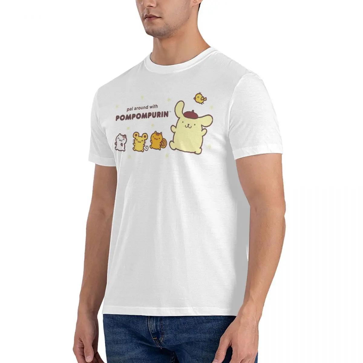 Sanrio Cartoon Character T-Shirts Men Pompompurin Casual Cotton Tee Shirt Round Neck Short Sleeve T Shirt New Arrival Tops