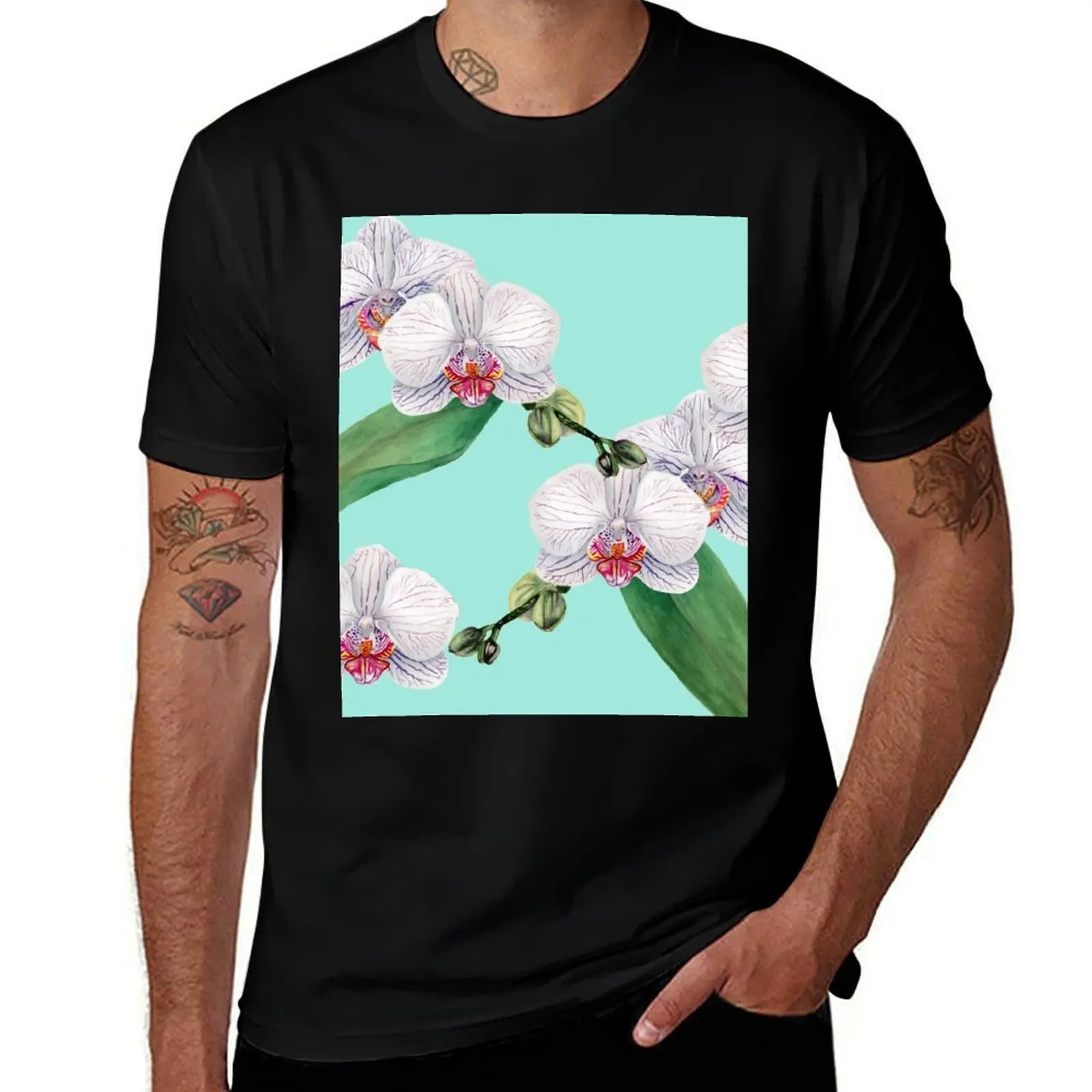 White Orchid Watercolor Pattern T-Shirt vintage clothes oversized t shirt Men's cotton t-shirt