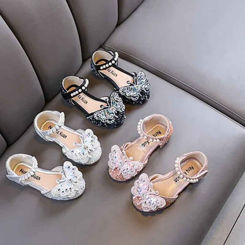 

Girls Spring Autumn Kid Single Shoes Children Princesses Rhinestones Bows Leather Shoes Woman Pearls Performance Kid Dance Shoes