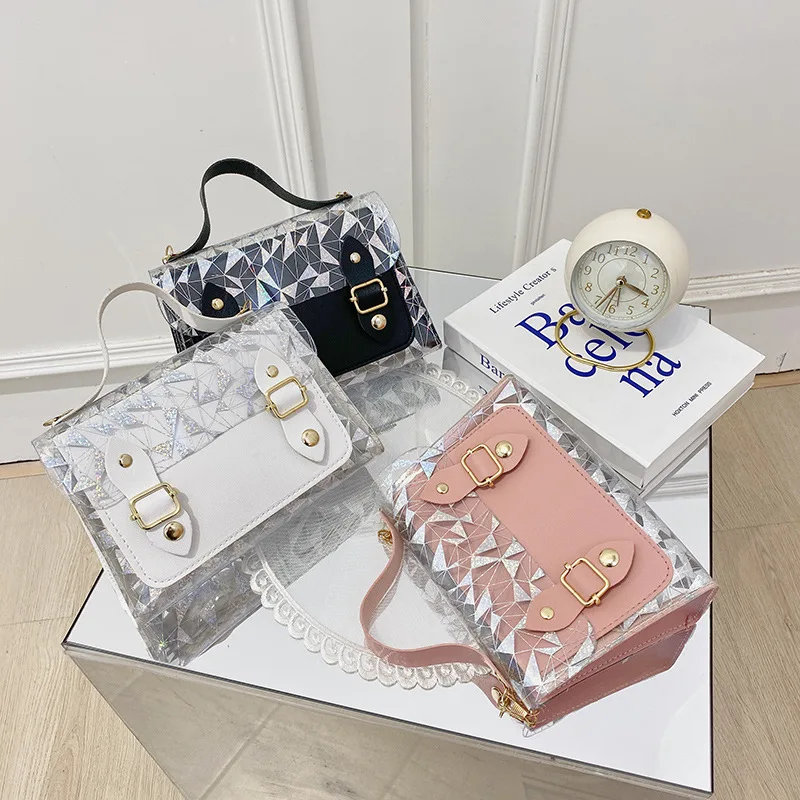 Women's Bags 2024 New Flash Transparent Double Buckle Handbag Chain Small Square Bag Casual Mobile Phone Crossbody Bag