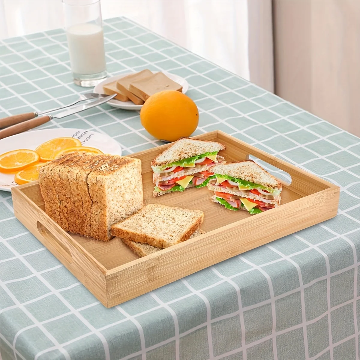 E9 Bamboo Serving Tray with Handle Tabletop Countertop Tea Coffee Breakfast Tray Organizer Storage Container for Kitchen Bedroom