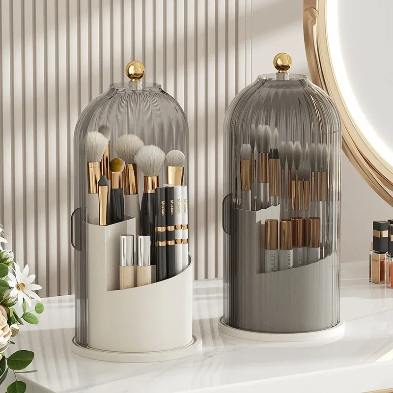 Makeup Brush Holder Organizer 360° Rotating Cosmetic Organizer With Lid Desktop Makeup Organizer Lipstick Eyebrow Pencil Holder