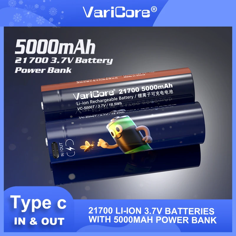 VariCore 21700 3.7 فولت 5000 مللي أمبير بطارية ليثيوم متعددة الوظائف من النوع c مدخلات 5 فولت مخرج مصدر طاقة متنقل محمول