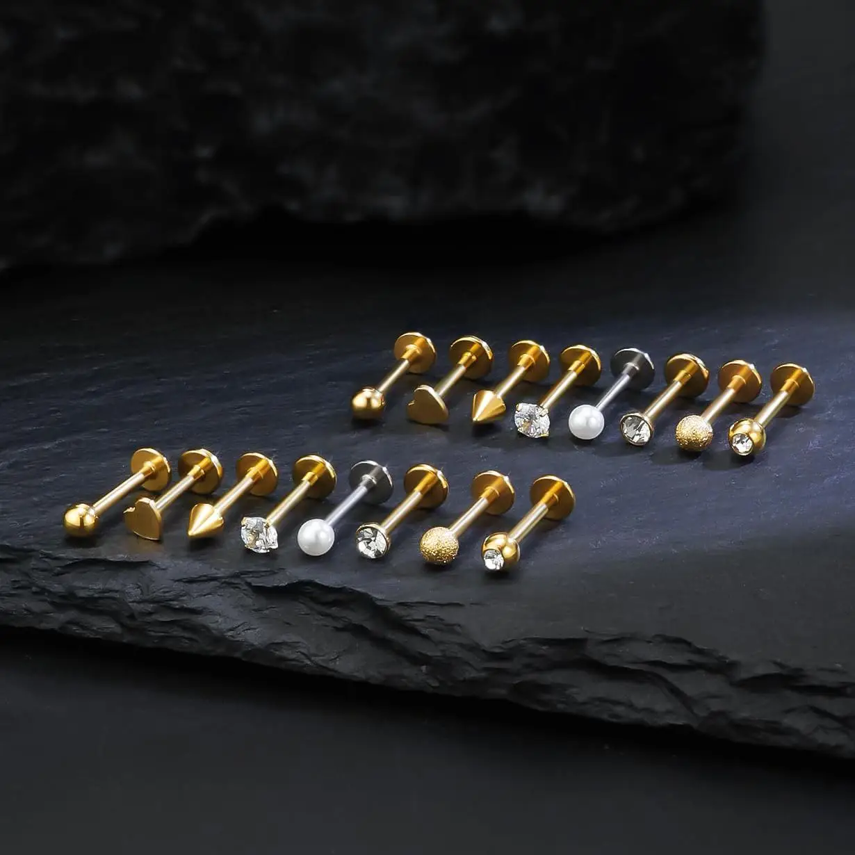 16pcs 16G Nose Stud Surgical Steel Labret Lip Ring Flat Back Tragus Forward Helix Conch Cartilage Lobe Earrings Piercing Jewelry