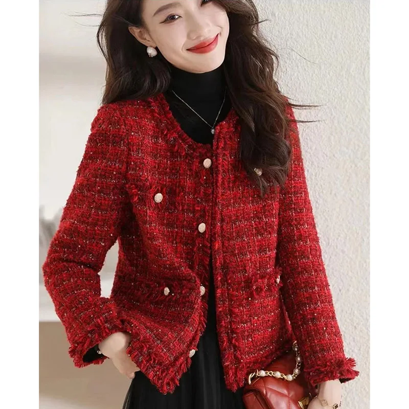 

Korean Ladies Single Breasted Buckle Woolen Outwear 2024 Female Rough Flowers Tops Winter Women Down Inner Liner Woolen Jacket