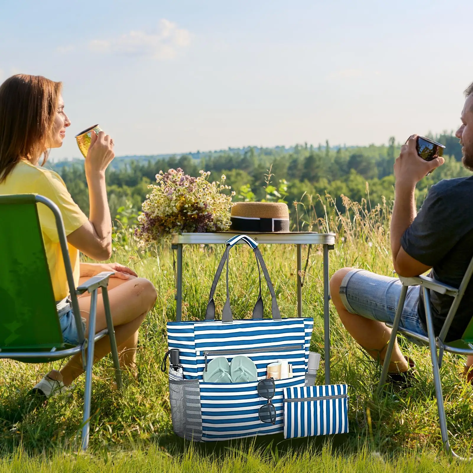 

Beach Bag Market Waterproof Grocery Picnic Tote Organizer Foldable Sandproof Pouch For Travel Women Trip Pool Vacation