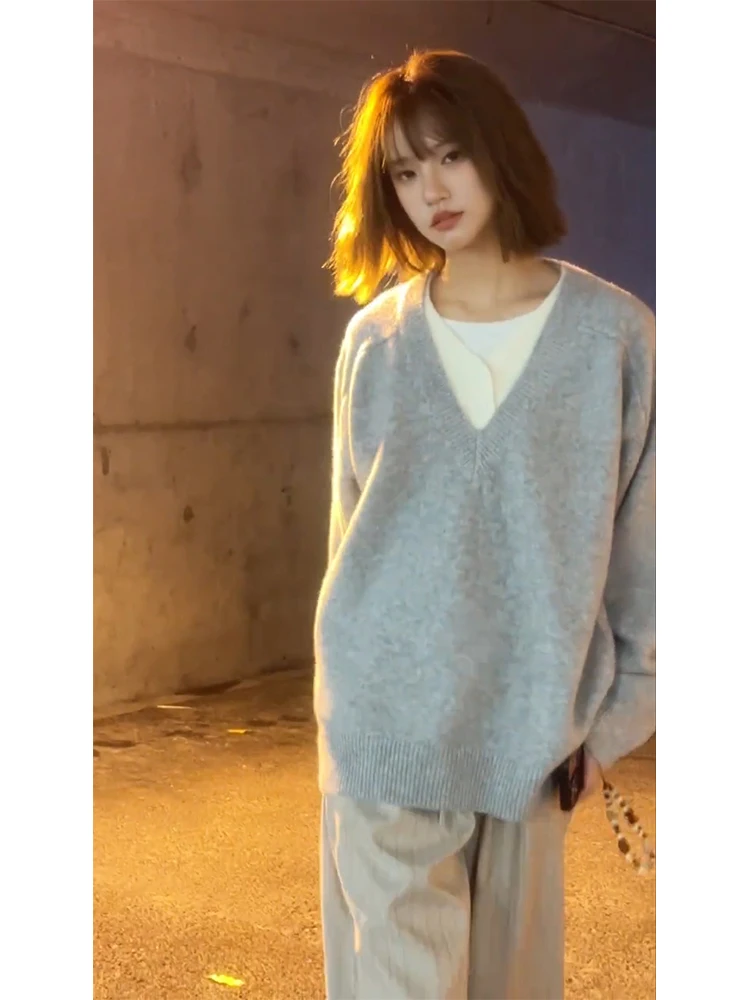 

Loose Fit V-Ne Knitwear Men's Winter Lazy Sle Oversized Sweater Base Layer ey Jaet Outerwear Fake Two-Piece Splicing