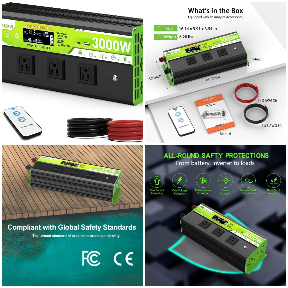 

3000W Inverter 12V to 110V AC with LCD, Remote, 3 Outlets, USB & Type-C for RV, Camping, Solar