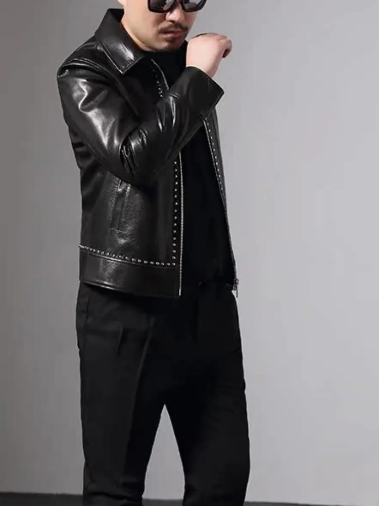 Punk Style Turn Down Collar Long Sleeves Genuine Leather Jacket Solid Color Rivet Zipper Slim Male Sheepskin Short Outerwear