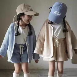 Children Clothing Set 2024 Korea Style Autumn Girls Knitted Cardigan Top and Shorts Solid Color Simple Casual Two-piece Set