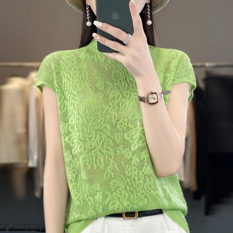 Summer Lace T-shirt Women Tops O-neck Short Sleeve Tees Shirt Korean Fashion Vintage T Shirt Mujer Clothing 2023 New In 7 Colors