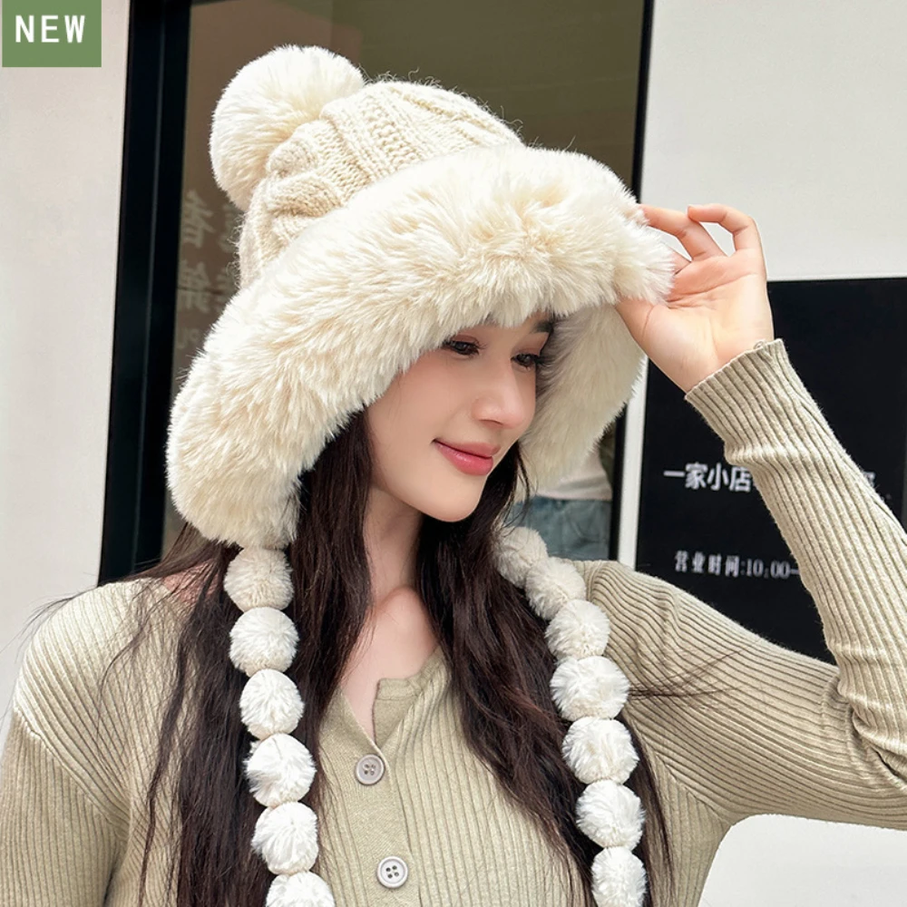 

HT4531 Knitted Beanie Hats for Women Thick Warm Fluffy Fur Hat Ladies Skullies Beanies Female Snow Ski Earflap Cap Russian Hats