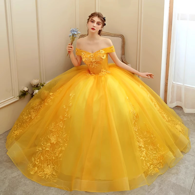 LEOSOXS Gold Plus Size Quinceanera Dresses Sweet Party Prom Dress Luxury Lace Off Shoulder Ball Gown 16 Colors Vestidos Cheap