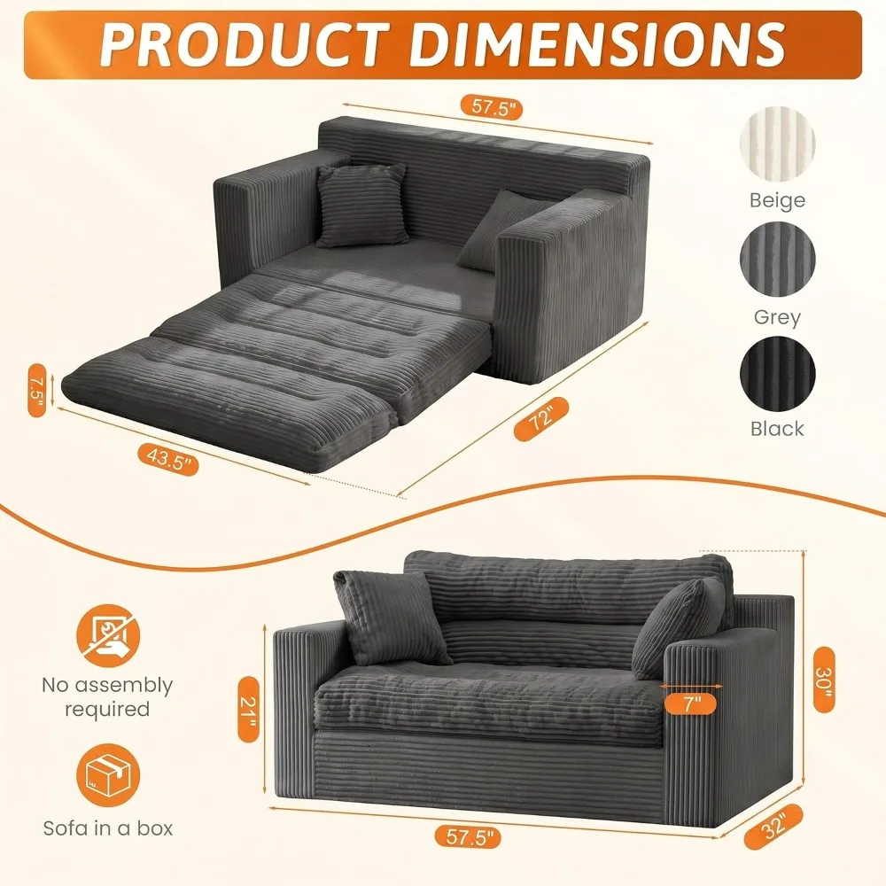 2 in 1 Boneless Loveseat Sofa Bed Convertible with Pillows, Fold Out