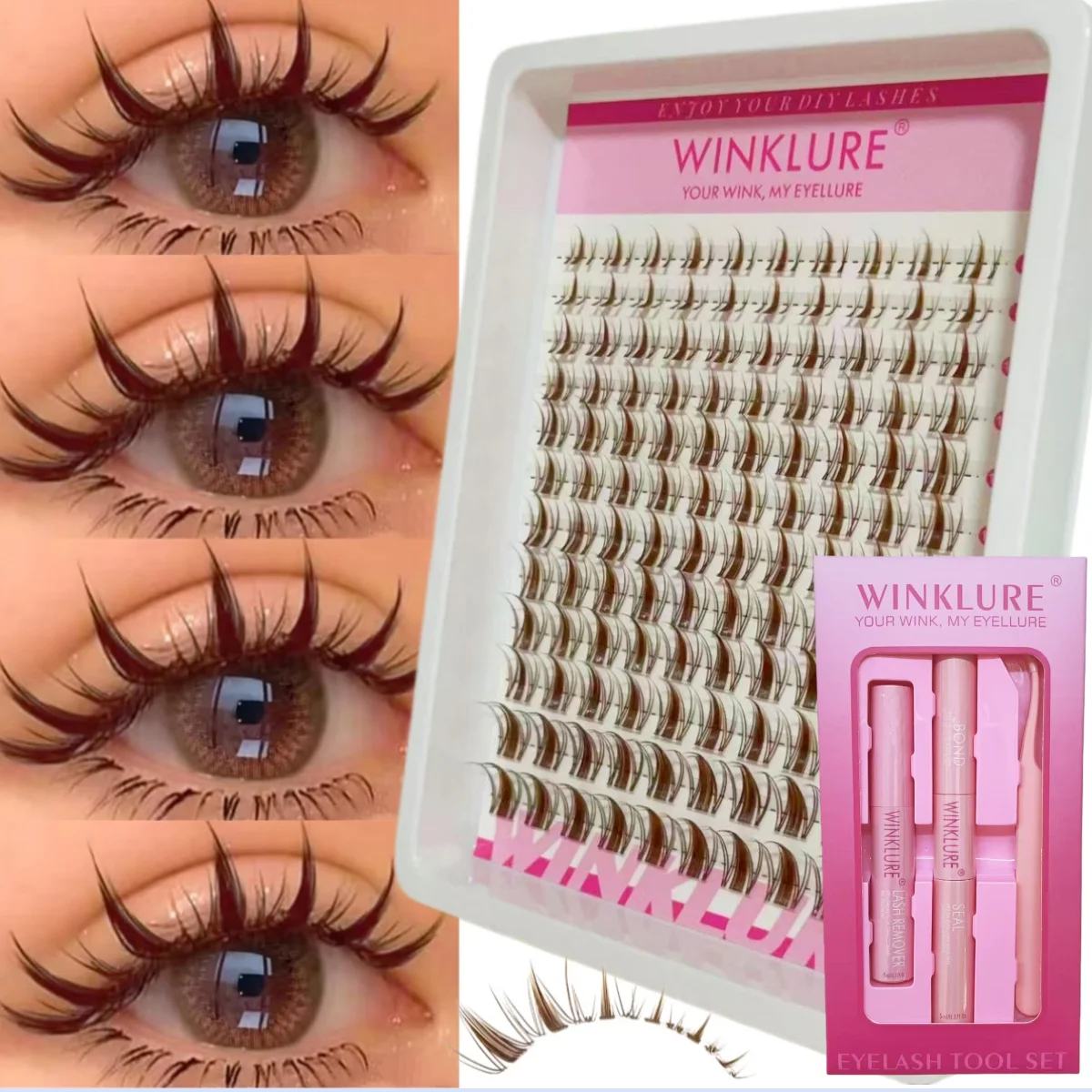 WINKLURE Braune Wispy Lash Clusters, gemischte Länge, C-Curl, flauschige Wimpernverlängerungen mit transparentem Stiel, natürlich aussehend, individuell anpassbar. – Detail 1