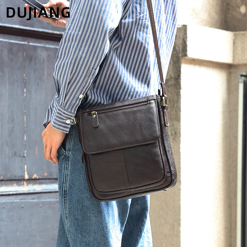 Top-grain cowhide retro bag cover single-shoulder bag for commuting men, genuine leather high-end men's square crossbody bag