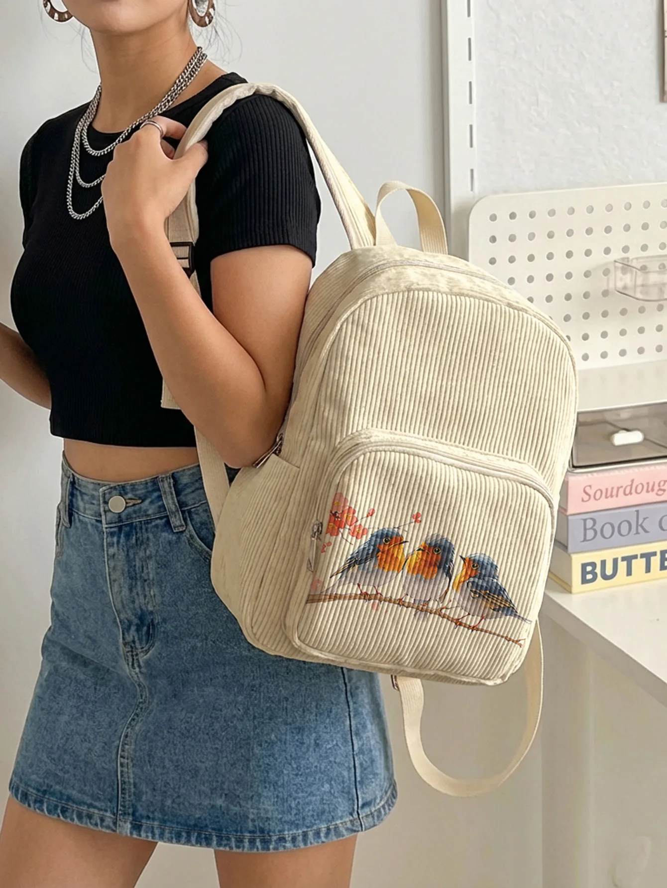 Robin Bird Plum Blossom Print Women Backpack Corduroy Multi-pocket Large Capacity School Daily Commuter Bag