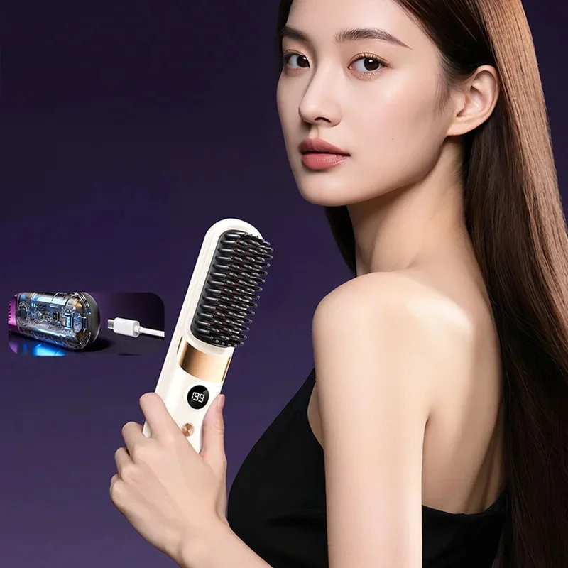 1Pc USB Charging Portable Hair Straightener Brush, Cordless Straightening Comb LED Display & Ceramic Coating, Ionic Technology - view 4