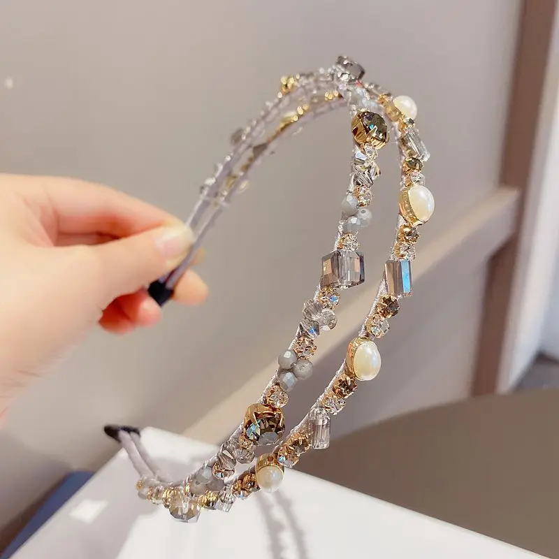 

Korean Handmade Double Strand Crystal Thin Headband Women Simple Elegant Hair Accessories