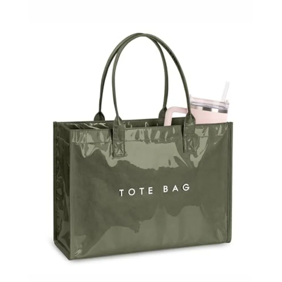 

Large PVC Tote Bag for Women, Kraft Paper Handbag Beach Tote with Letter Print, Top Handle Purse for Work Travel Shopping
