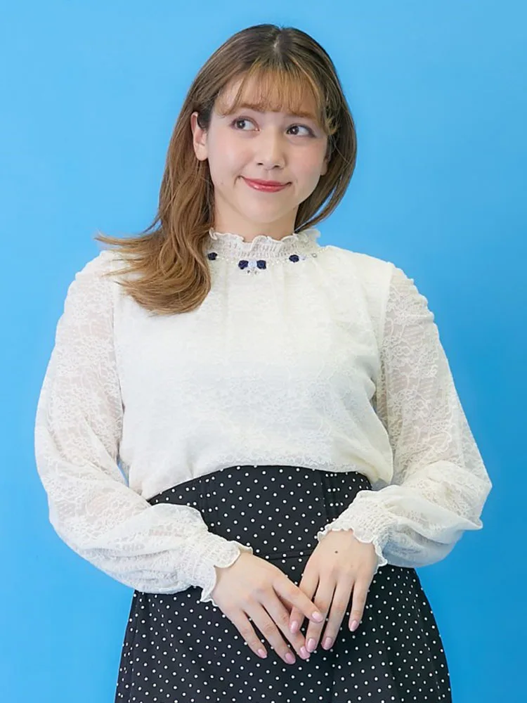 

Ele Lace Women's Top Pearl Flower Embellied Loose Fit Long Sve Casual irt Sli Commute Faion by Axes Femme