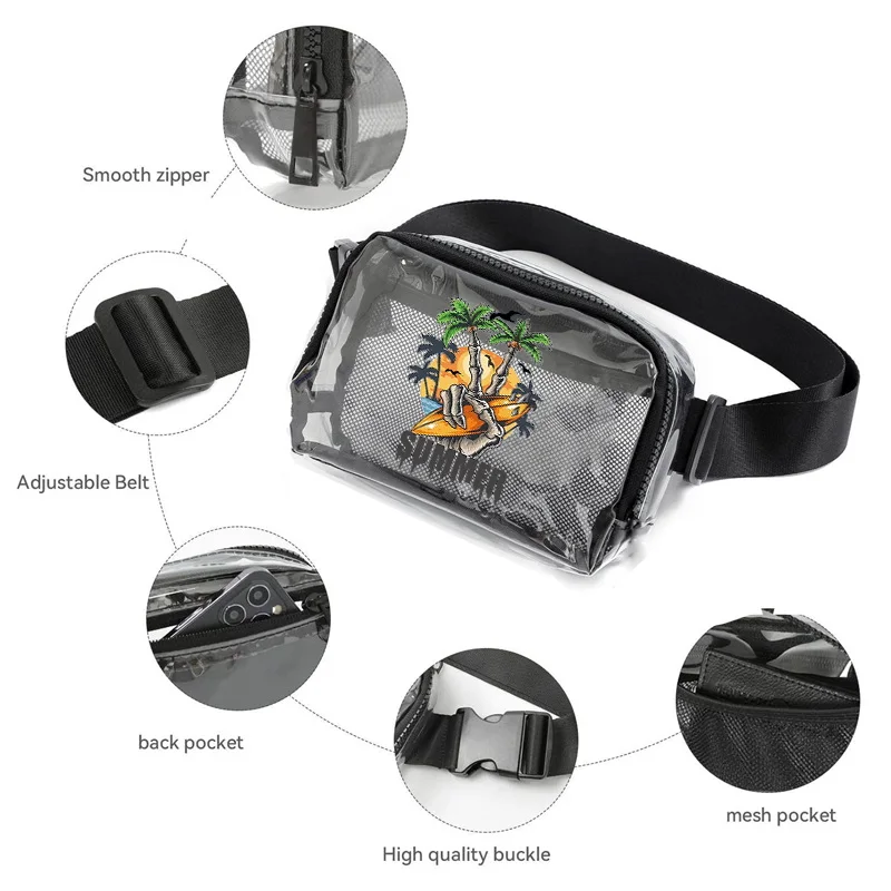 transparent waist bag shoulder bag with inside mesh pocket summer holiday pattern design zipper closure