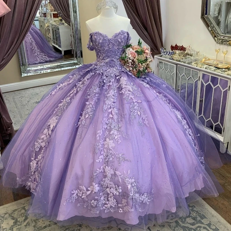 

Lavender Sequins Off the Shoulder Quinceanera Dresses Ball Gown Appliques Lace Beaded Mexican Sweet 16 Dresses 15 Anos