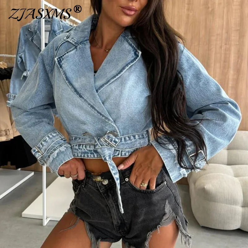 

Y2K Casual Buckle Lace-up Cropped Women's Denim Jacket Vintage Turn-down Collar Jeans Coat Streetwear Long Sleeve Top Outerwears