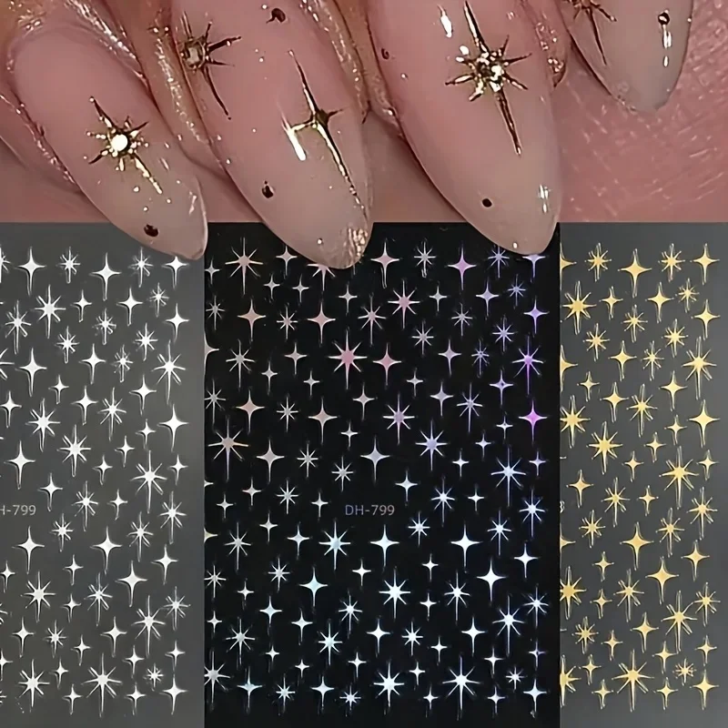 

3Pcs Metal Laser Cut Star Nail Stickers, Self-Adhesive Disposable Nail Decals, Women DIY Nail Art Decor