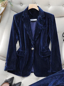 Kırmızı Mavi Siyah Yeşil Çizgili Bayanlar Blazer Kadın Uzun Kollu Tek Düğme Ince Kadın Sonbahar Kış Iş Elbisesi Resmi Ceket