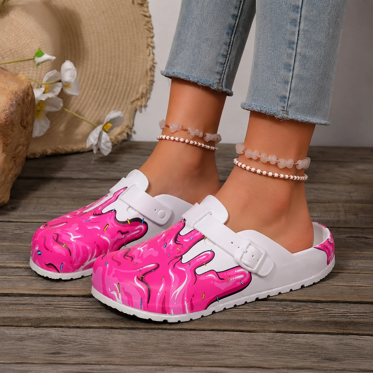 Damen-Krankenschwesterschuhe mit rosa Donut-Muster, geschlossene Zehenpartie, verstellbarer Riemen, zum Überziehen, Pflegeschuhe. – Detail 5