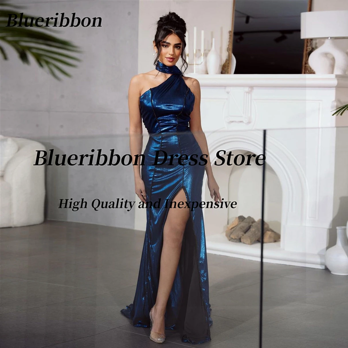 

Blueribbon 2024 Sexy Ladies Wear Prom Dresses Beading Side Slit Cocktail Evening Party Gowns Halter Neck Backless Vestidos Des