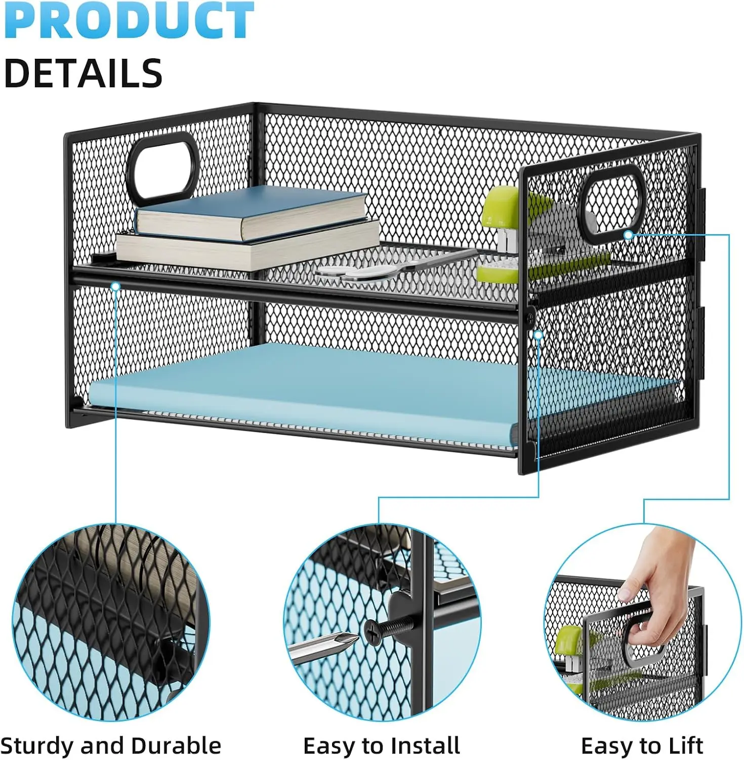 2 Tier Mesh Letter Tray with Handle, Desk File Organizer for Home Office, Black - view 2